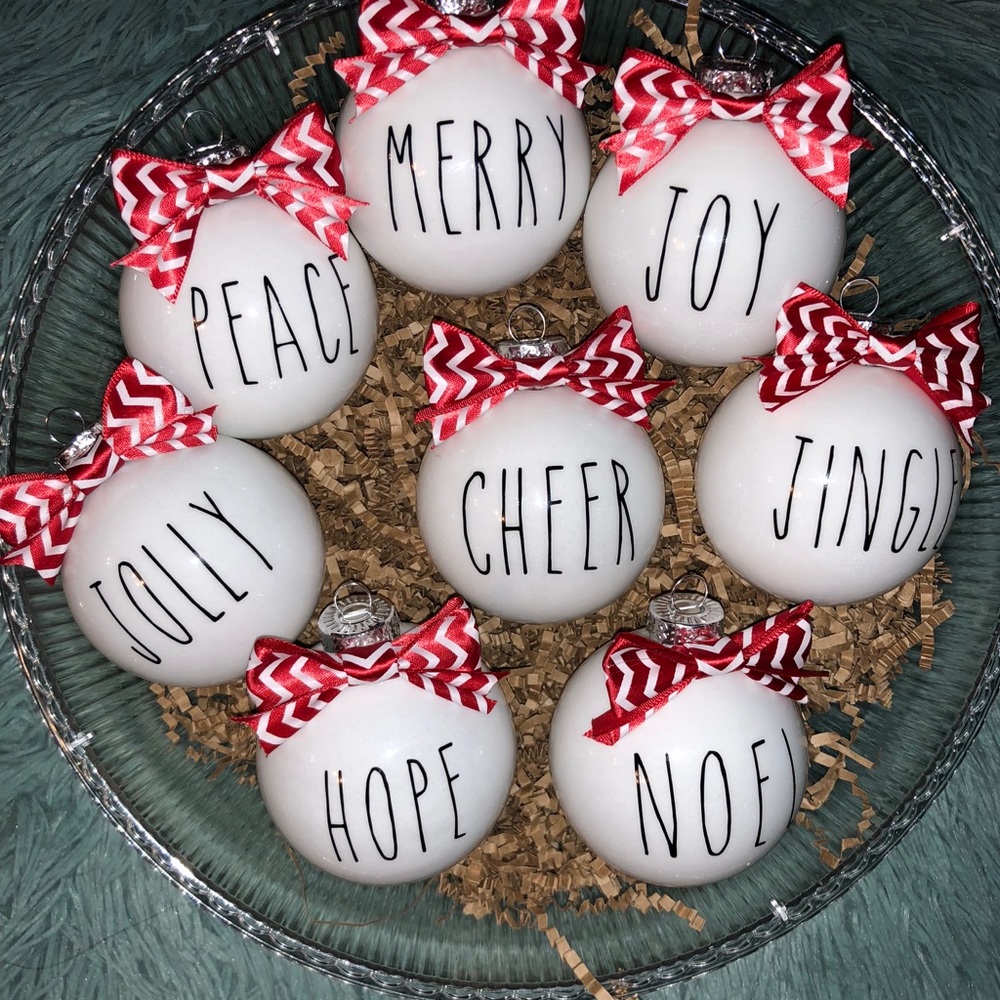5 silver Rae Dunn Inspired Christmas Ornaments